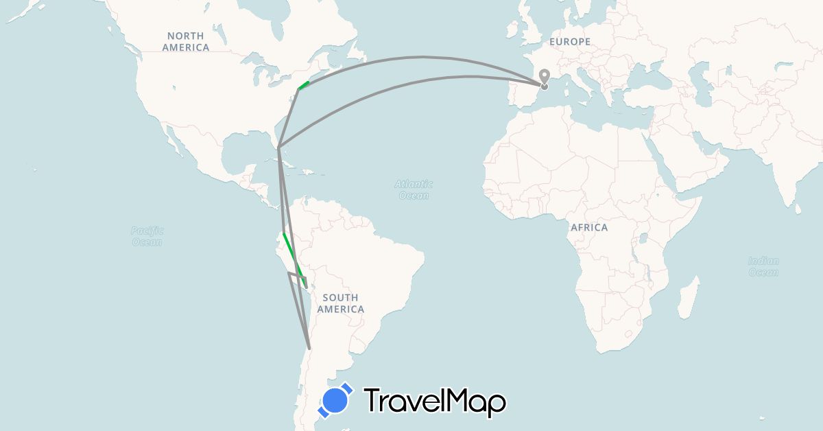 TravelMap itinerary: bus, plane in Chile, Ecuador, Spain, Peru, United States (Europe, North America, South America)